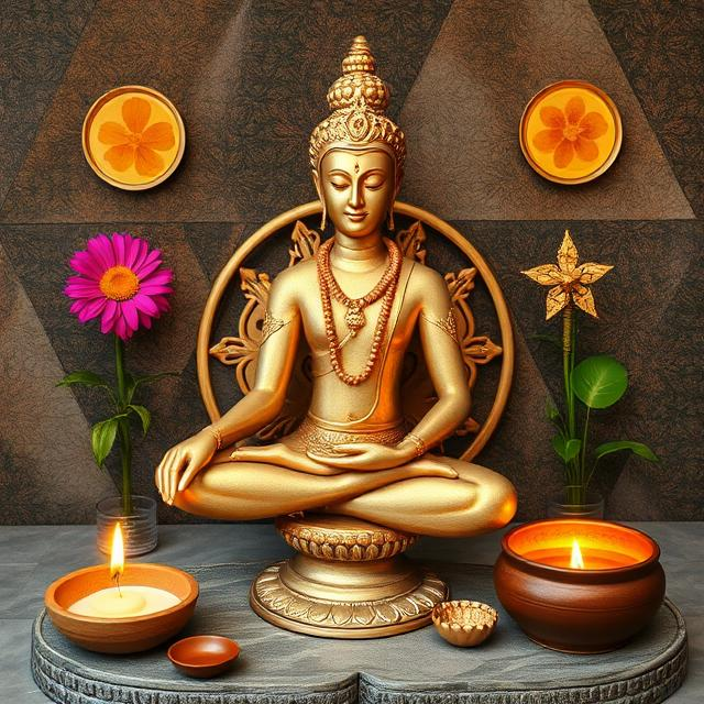 Golden Buddha statue on a serene home altar with lit candles, flowers, and spiritual decor — symbolizing balance, inner peace, and holistic healing. Featured on Anupama Wellness, a UK-based holistic health and wellness practitioner promoting mindful living and Ayurvedic practices.jpg
