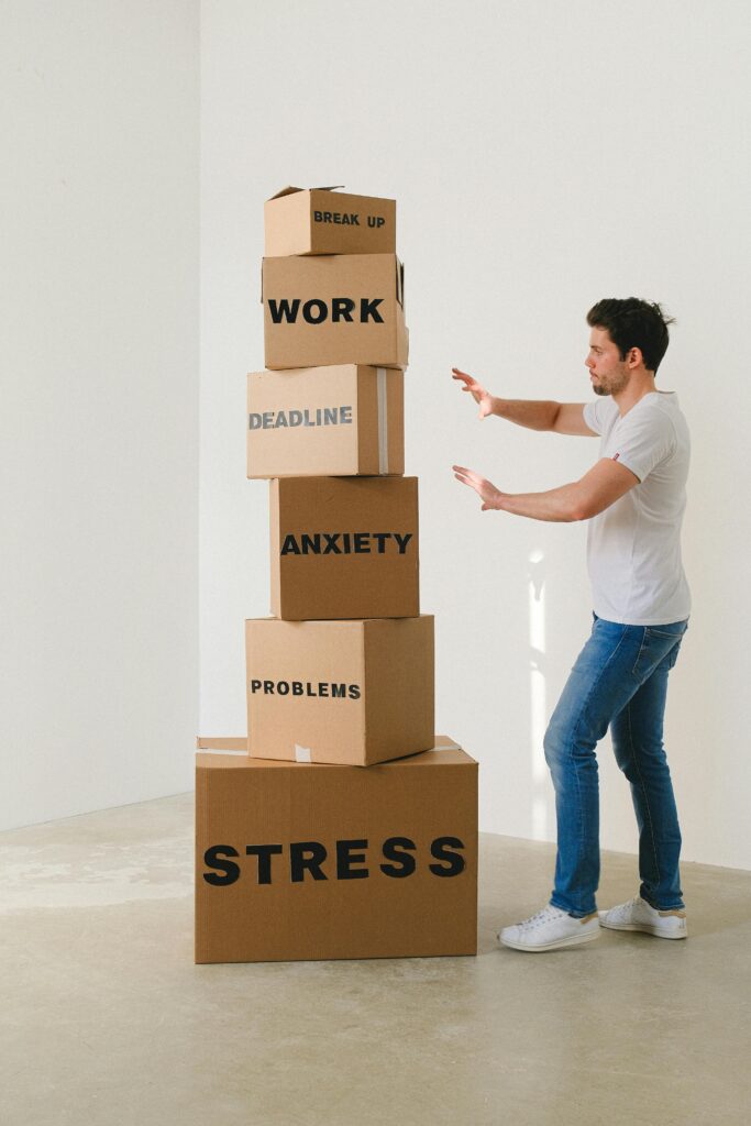 Infographic illustrating techniques for managing stress and anxiety, including mindfulness, exercise, and time management by Aromatherapy at Anupama Wellness-UK.jpg